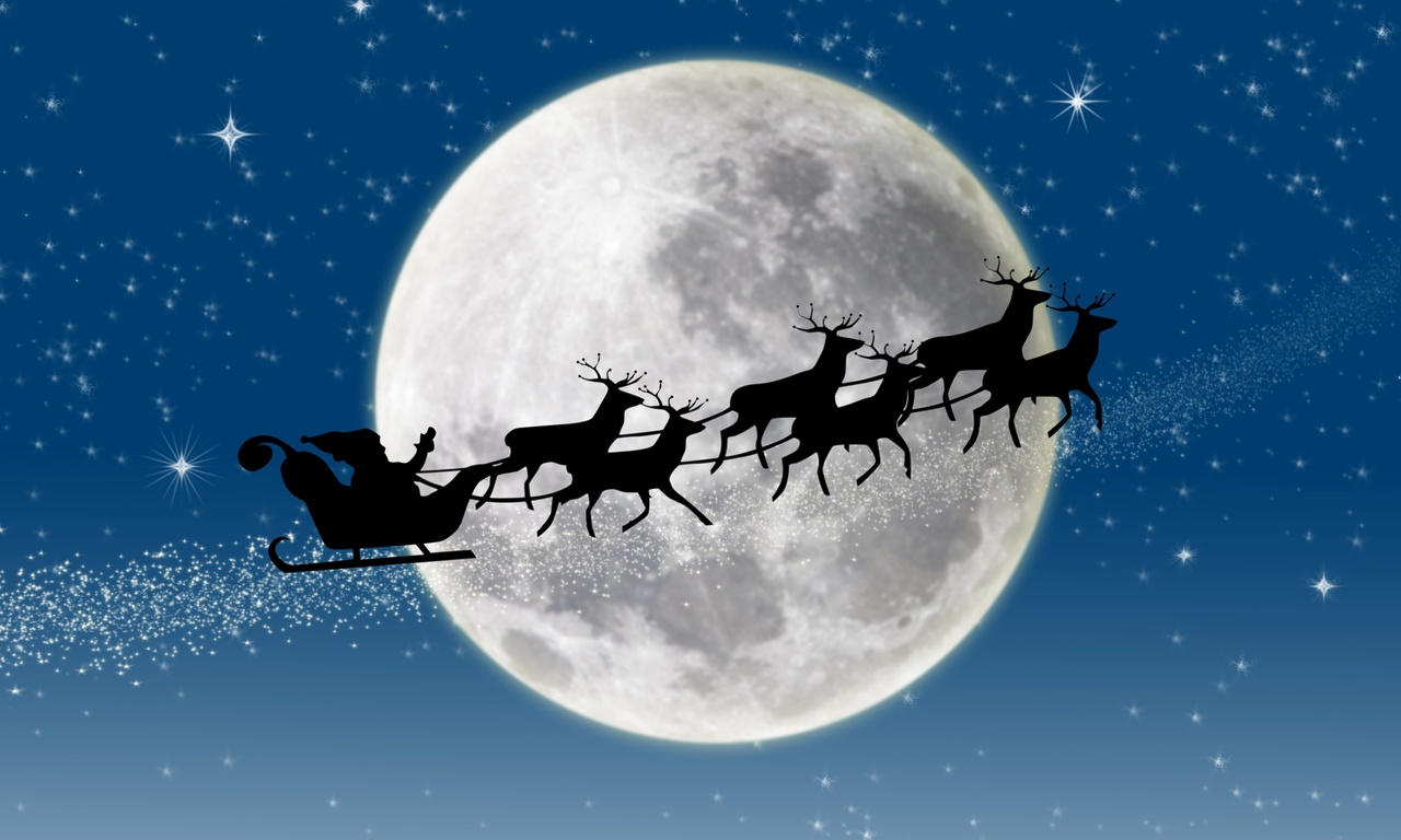  , reindeer, stars, snow, santa claus coming, merry christmas, New year, full moon