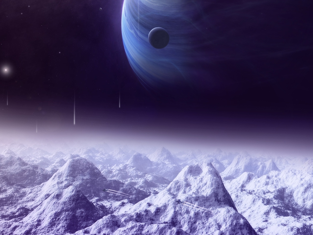 space ships, Sci fi, satellite, mountains, planets, lights, moon