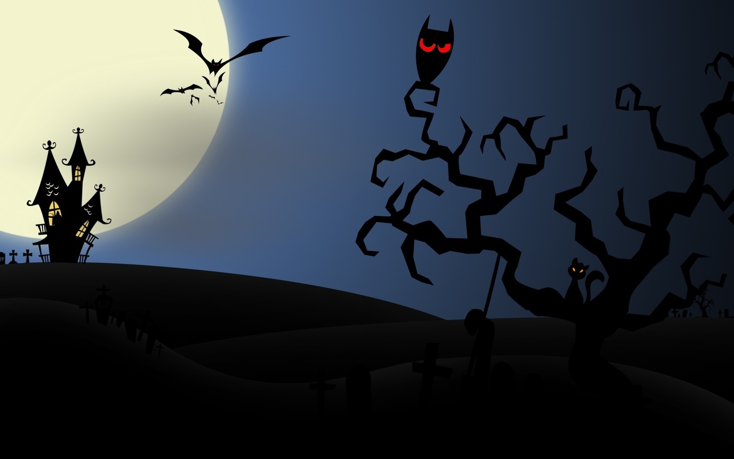 horror, evil cat, Halloween, creepy, owl, bats, house, midnight, full moon, vector art, scary