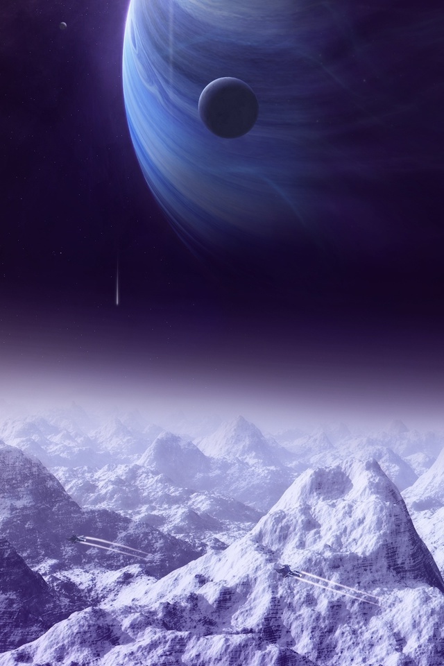 space ships, Sci fi, satellite, mountains, planets, lights, moon