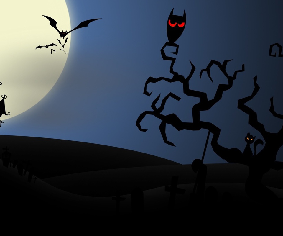 horror, evil cat, Halloween, creepy, owl, bats, house, midnight, full moon, vector art, scary