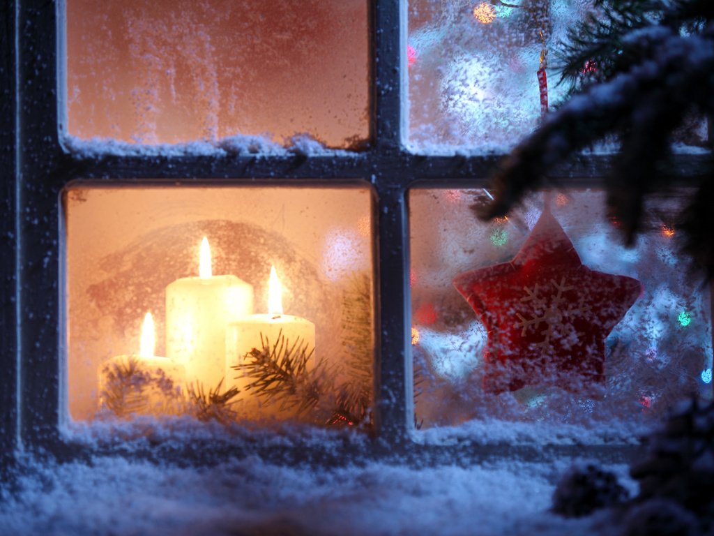 Merry christmas, window, christmas spirit, star, candles, snowflake, new year