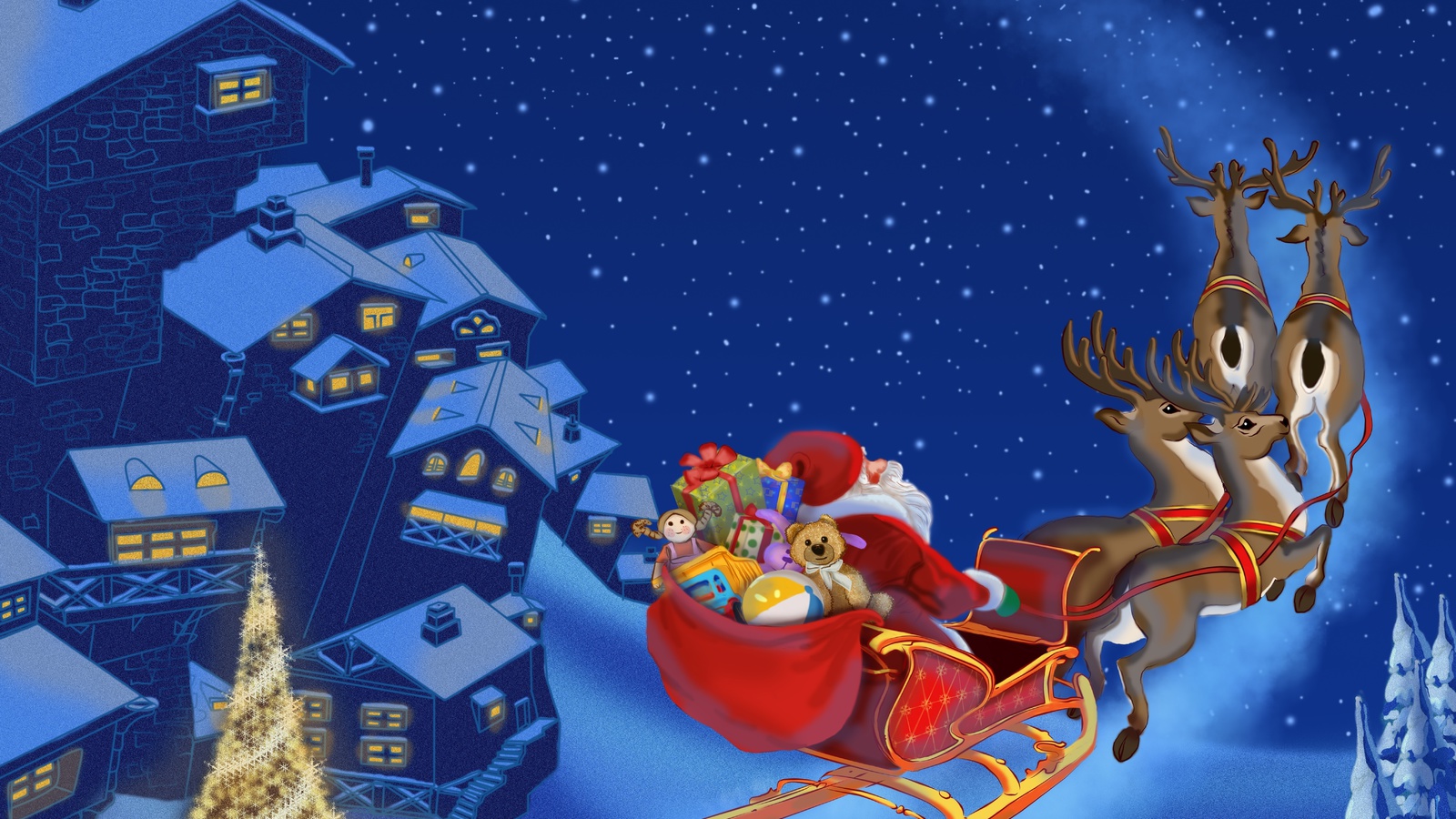 Santa claus is coming, snow, new year, town, reindeer, merry christmas, christmas tree