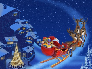 Santa claus is coming, snow, new year, town, reindeer, merry christmas, christmas tree