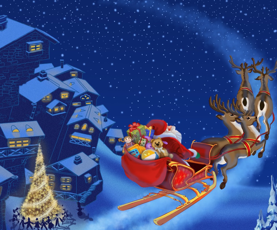 Santa claus is coming, snow, new year, town, reindeer, merry christmas, christmas tree
