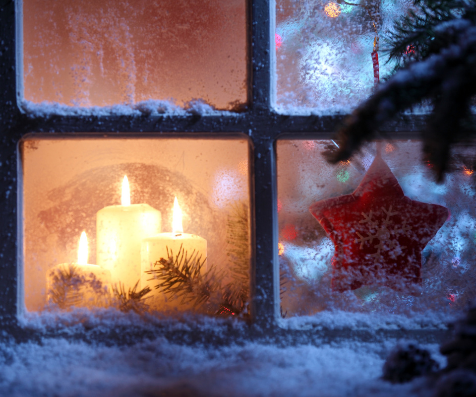 Merry christmas, window, christmas spirit, star, candles, snowflake, new year