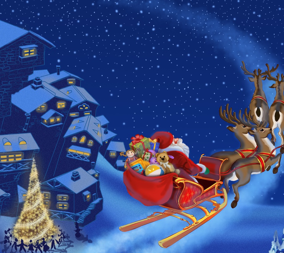 Santa claus is coming, snow, new year, town, reindeer, merry christmas, christmas tree