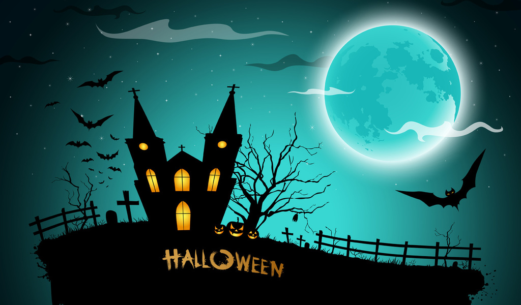 pumpkins, midnight, full moon, scary, bats, horror, graveyard, Halloween, house, creepy