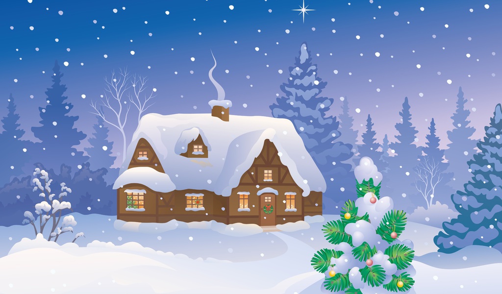 Merry christmas, new year, snow, christmas tree, winter home