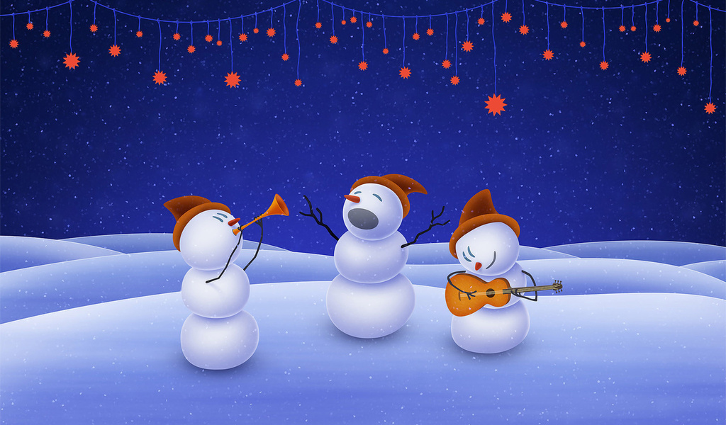 music, stars, Christmas, snowman