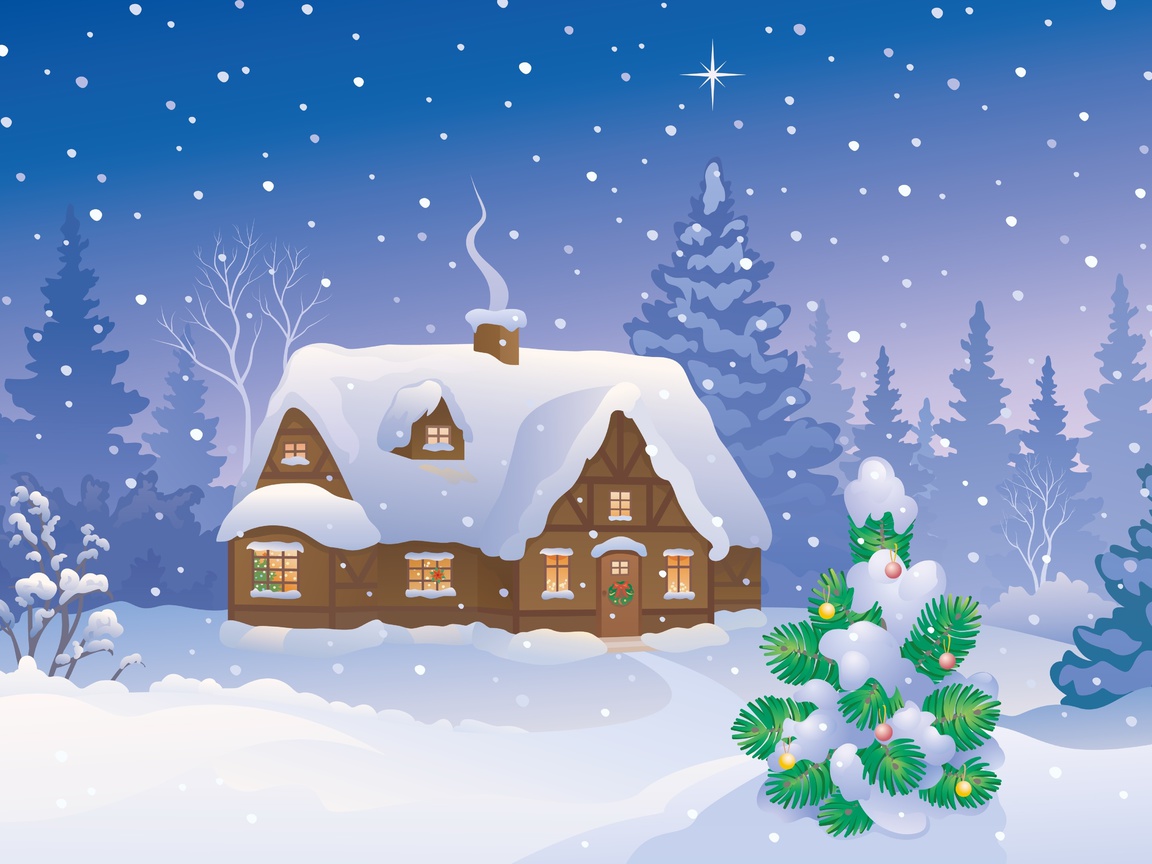 Merry christmas, new year, snow, christmas tree, winter home