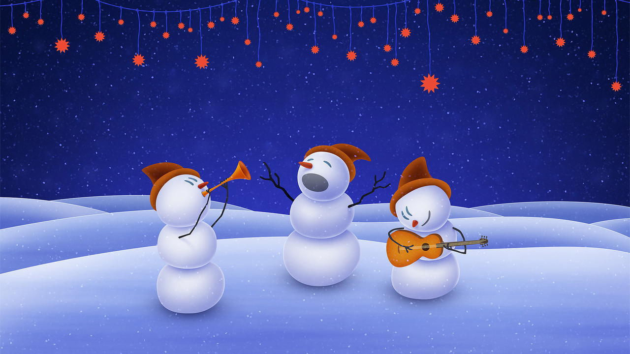 music, stars, Christmas, snowman