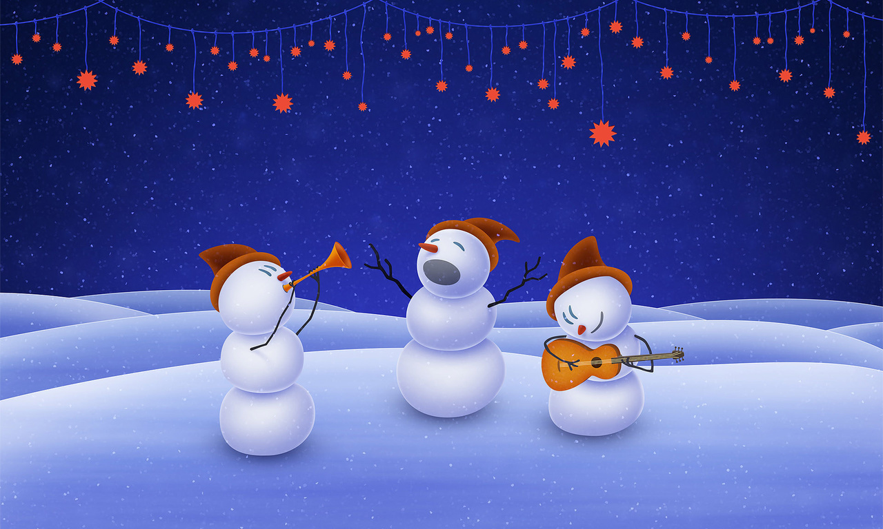 music, stars, Christmas, snowman