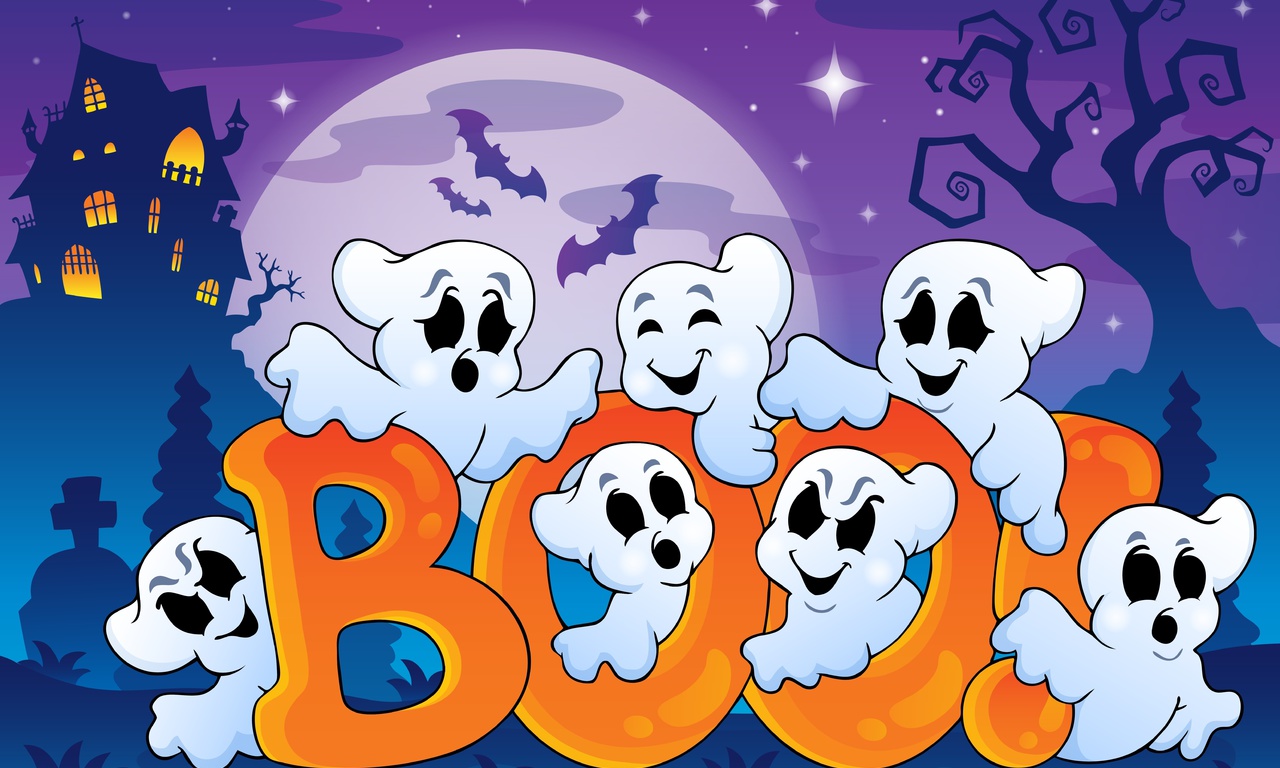 funny ghosts, bats, full moon, boo, , creepy house, Halloween, vector art