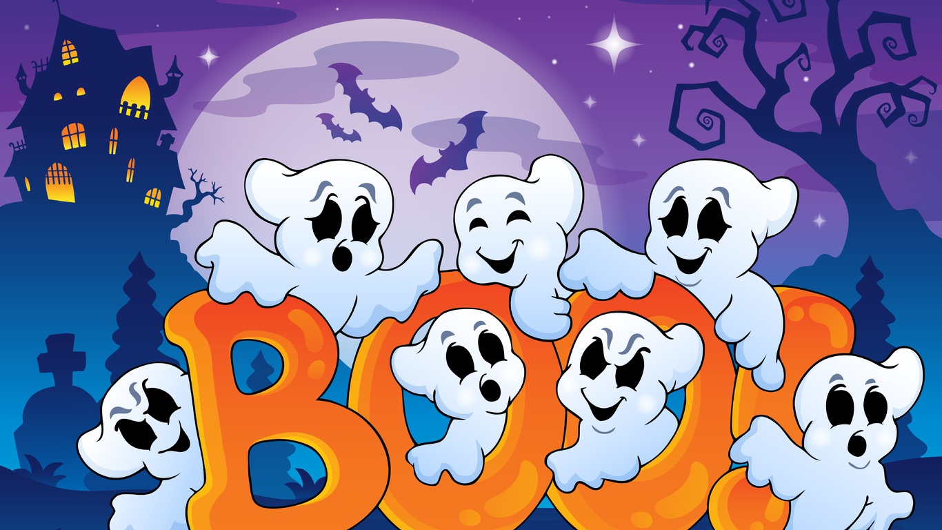 funny ghosts, bats, full moon, boo, , creepy house, Halloween, vector art