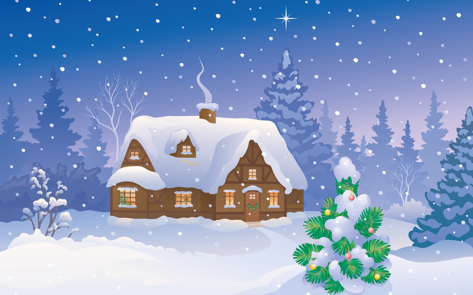 Merry christmas, new year, snow, christmas tree, winter home