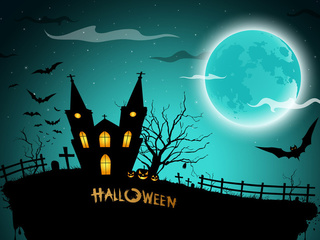 pumpkins, midnight, full moon, scary, bats, horror, graveyard, Halloween, house, creepy