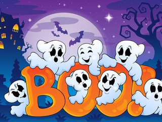funny ghosts, bats, full moon, boo, , creepy house, Halloween, vector art