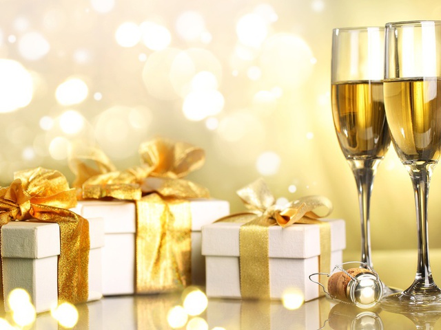 merry christmas, Champagne, happy new year, gifts, ribbon, christmas, holiday, boxes