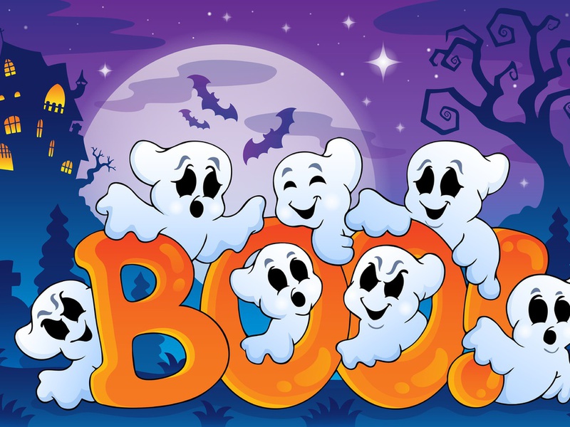 funny ghosts, bats, full moon, boo, , creepy house, Halloween, vector art