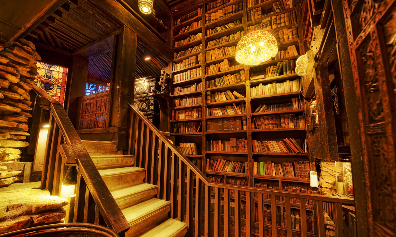 shelving, Library, stairs, light, books