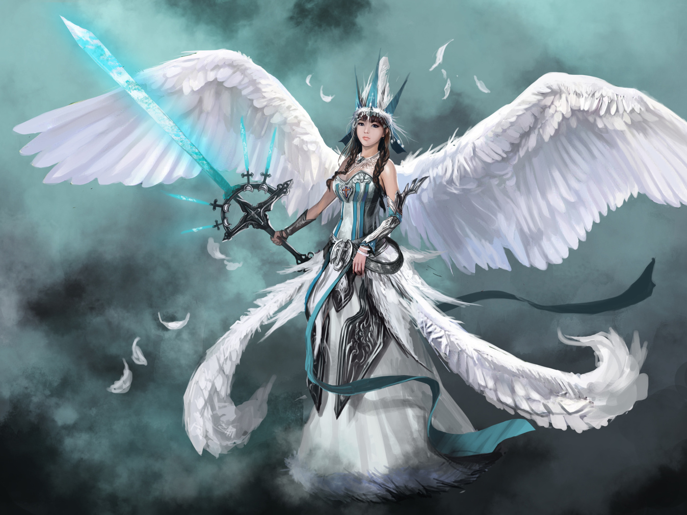 девушка, оружие, ангел, Фантастика, angel, крылья, меч, арт