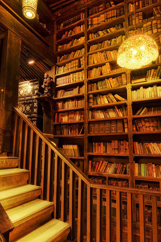 shelving, Library, stairs, light, books