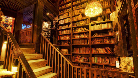 shelving, Library, stairs, light, books