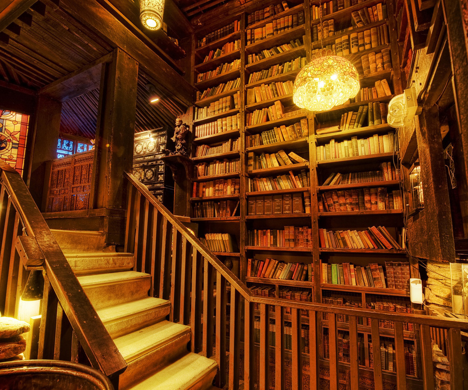 shelving, Library, stairs, light, books