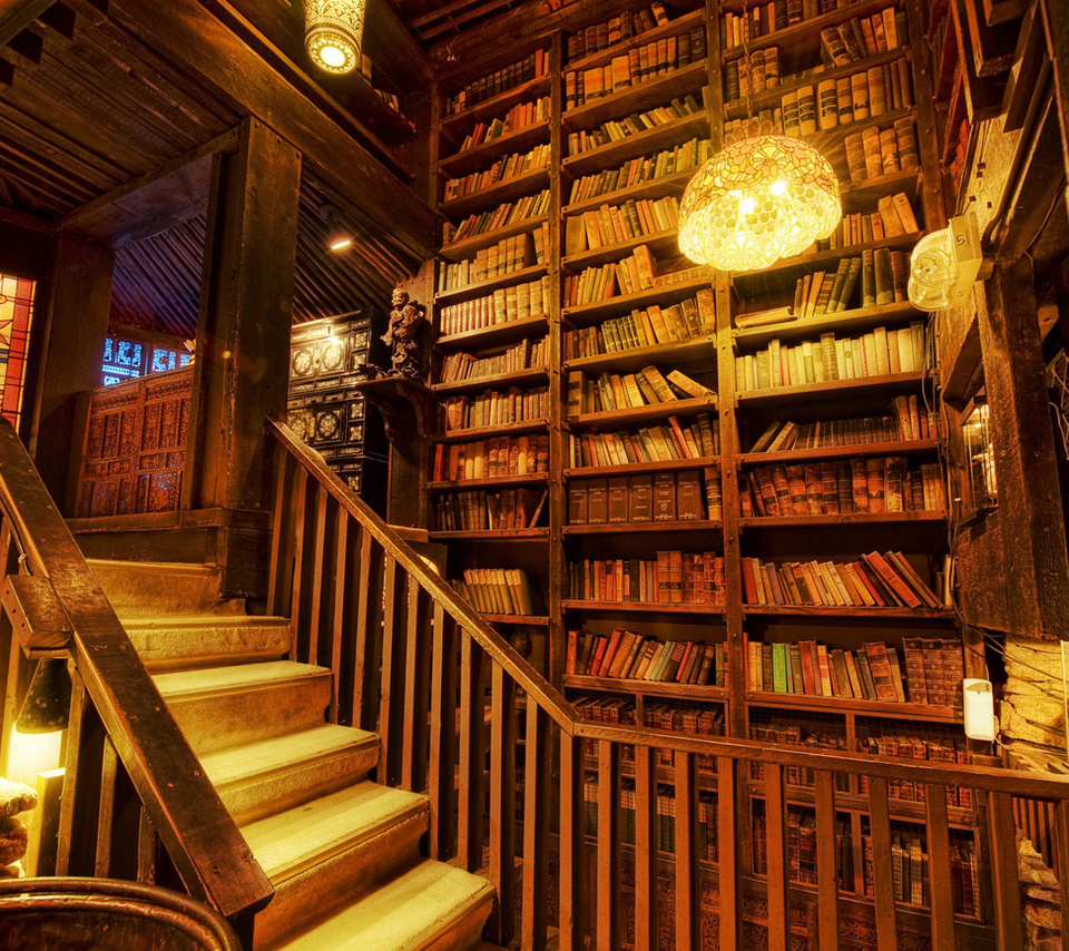 shelving, Library, stairs, light, books